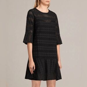 AllSaints Women Eyelet Cotton Black Dakota Ruffled Mini Dress Sz. 2 Embroidered